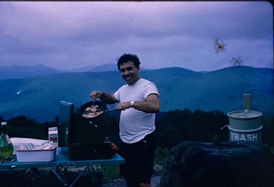 Vintage  Cooking Chicken Green Propane Coleman Grill Color Slide photo Camping