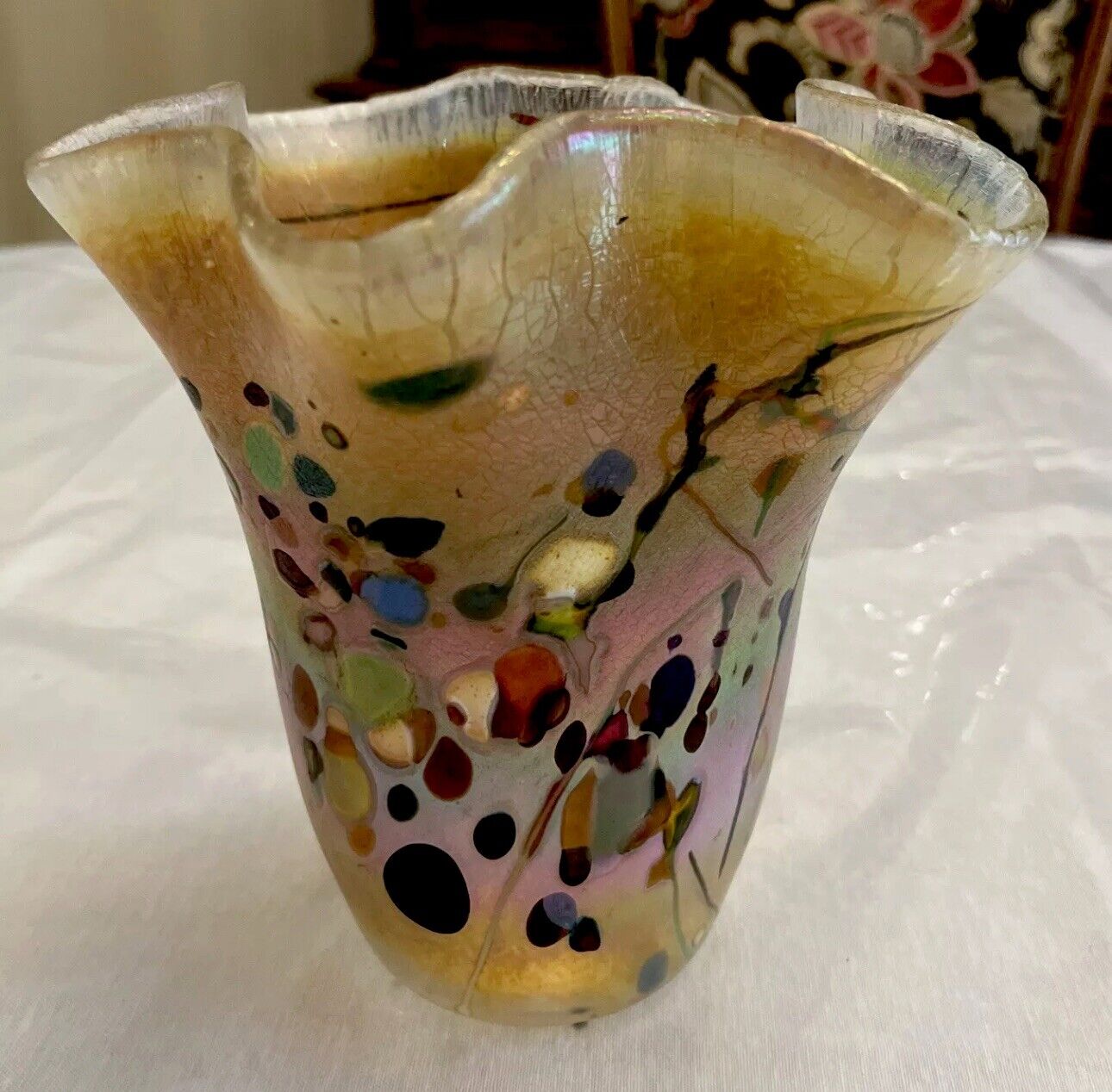 Stunning Vintage Rick Hunter Colorful Iridescent Art Glass Vase signed 7”