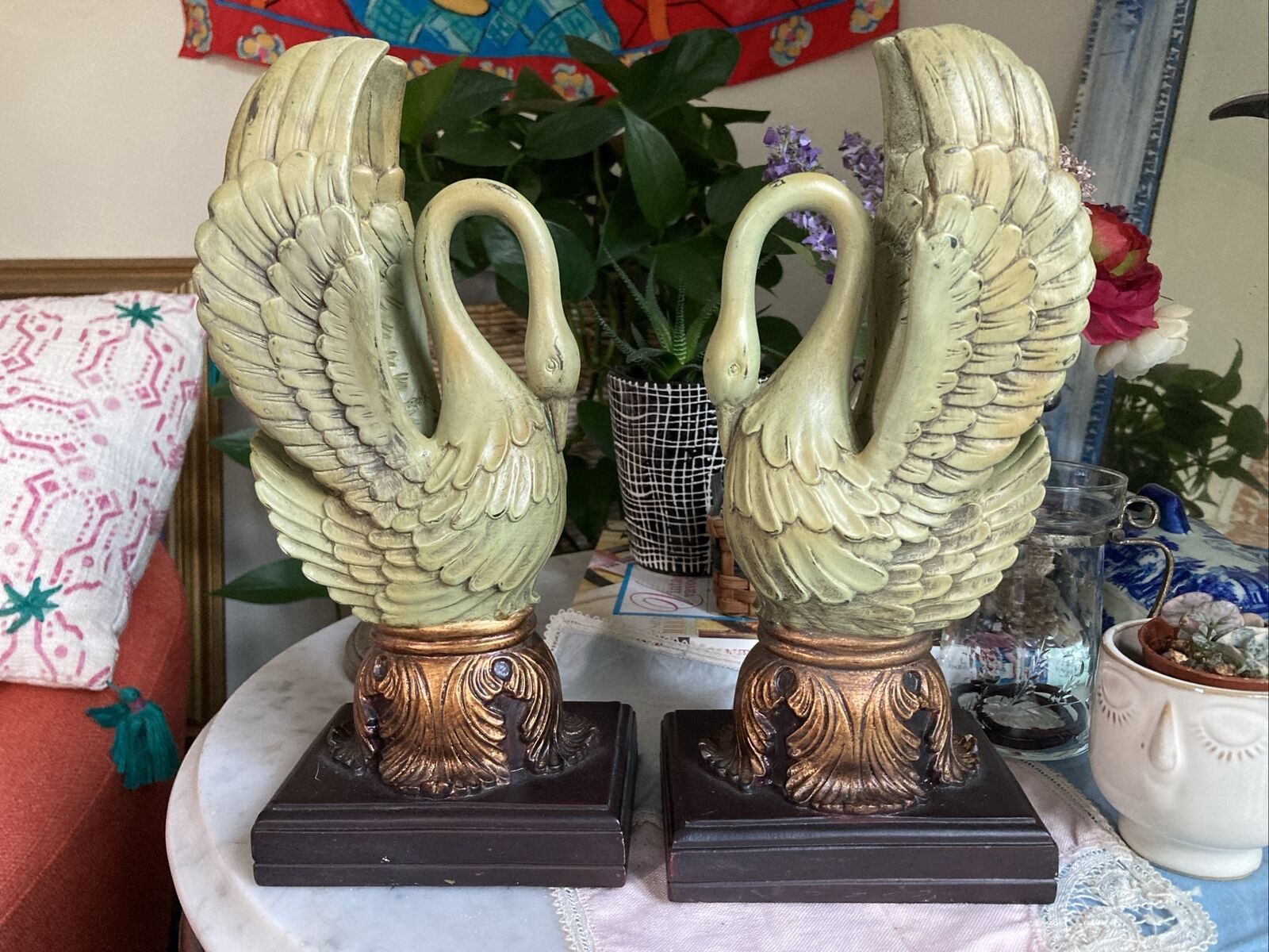 Vintage Pair Heavy Swan Bookends Statues Art Nouveau Style Shelf Decor