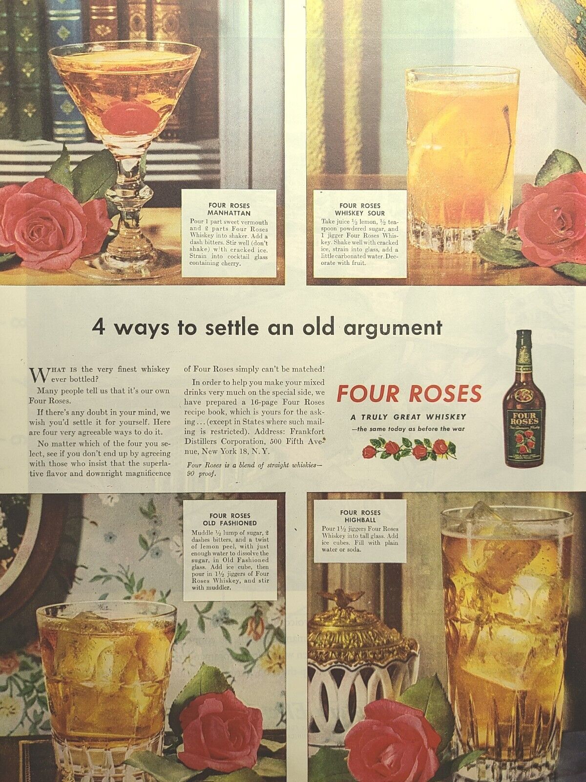 Four Roses Kentucky Bourbon Cocktails Recipes Vintage Print Ad 1945