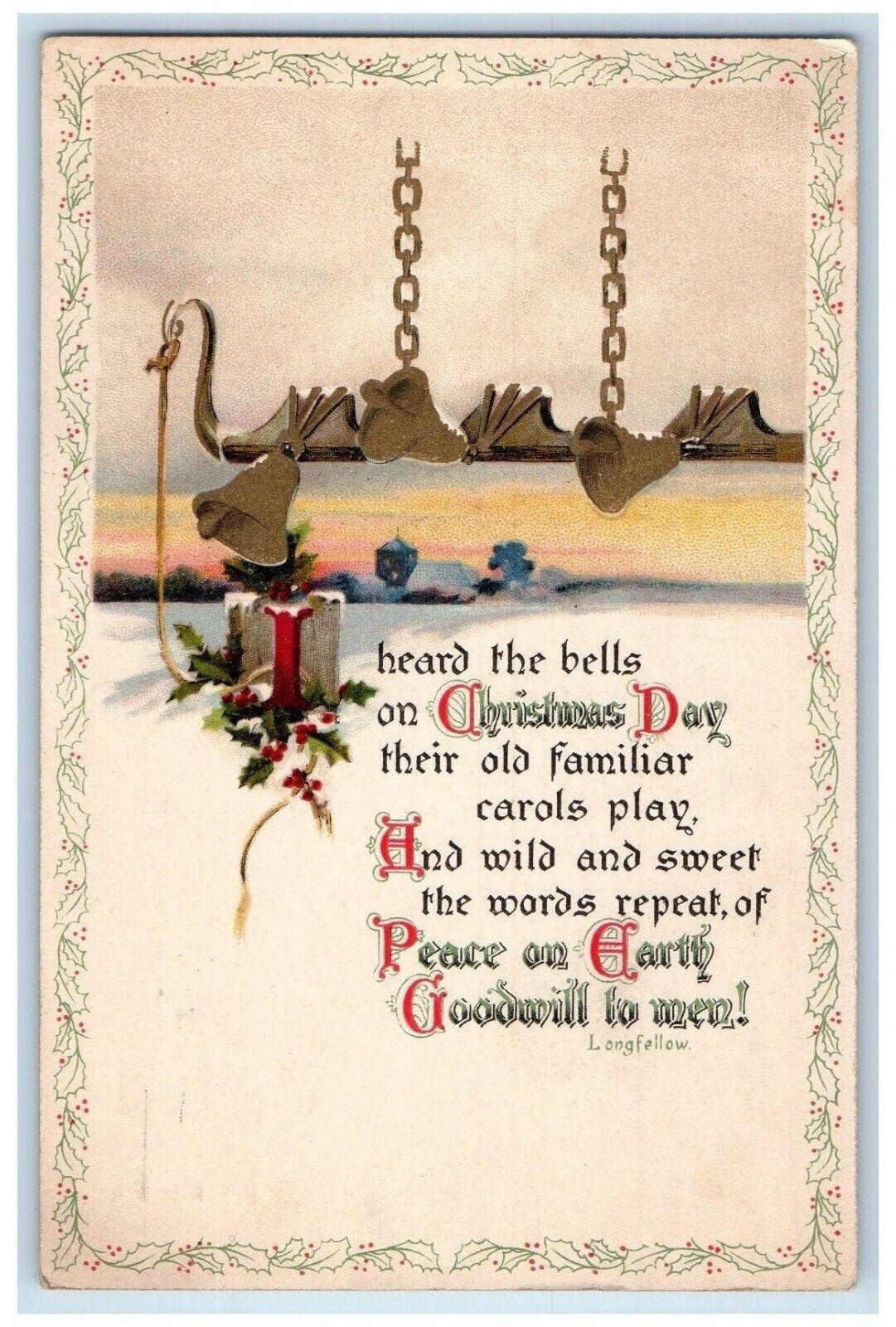 c1910's Christmas Qoute Holly Ringing Bells Winter Seal Posted Antique Postcard