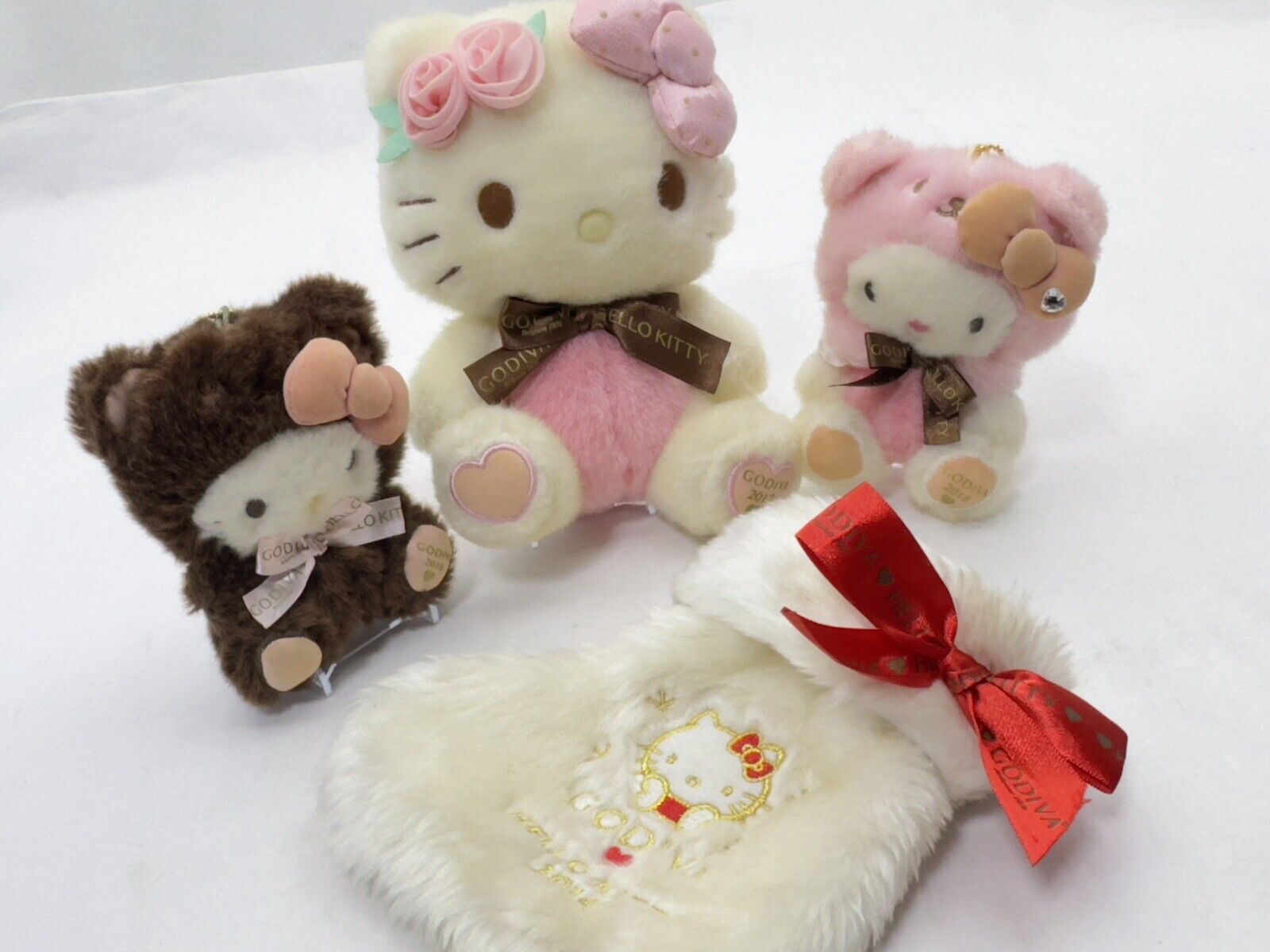 Hello Kitty Godiva Plush Doll Mascot Holder Set & bag like socks 2014-2018 Used