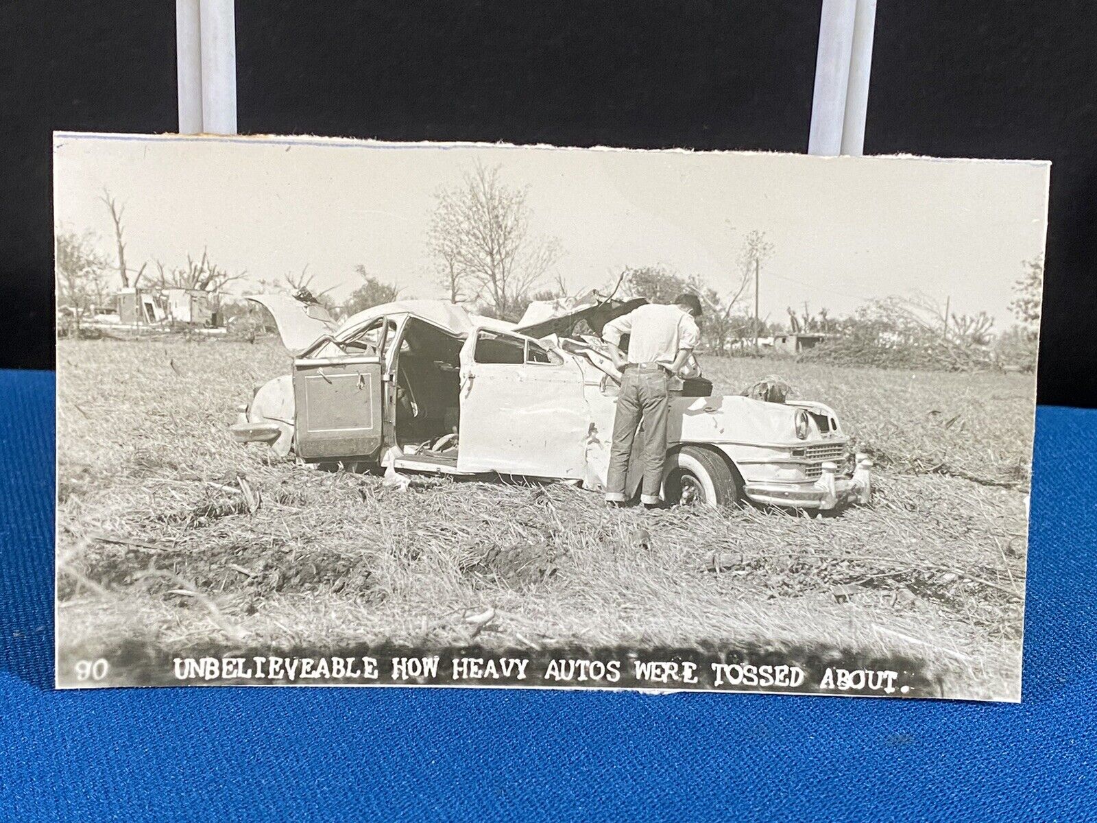Damaged Car Tornado 1955 Blackwell Oklahoma Trimmed RPPC Postcard
