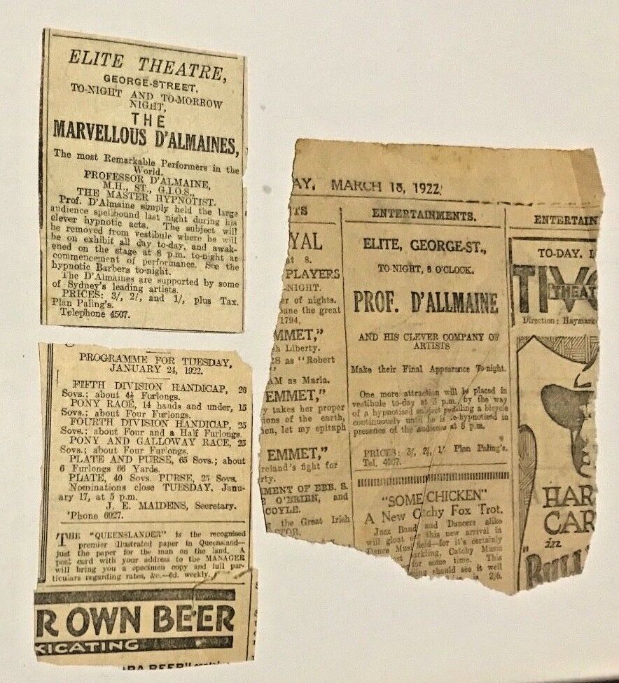 1922 PROFESSOR D\'ALMAINE MAGICIAN HYPNOTIST SHOW AUSTRALIAN NEWSPAPER CLIPPINGS