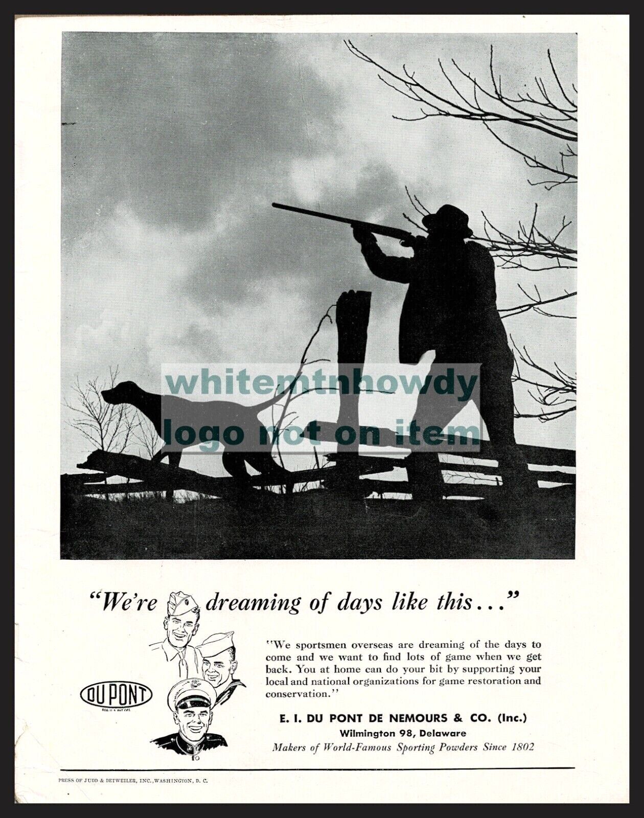 1945 POINTER Bird Dog and Hunter w/ Shotgun duPont Gun Powder AD