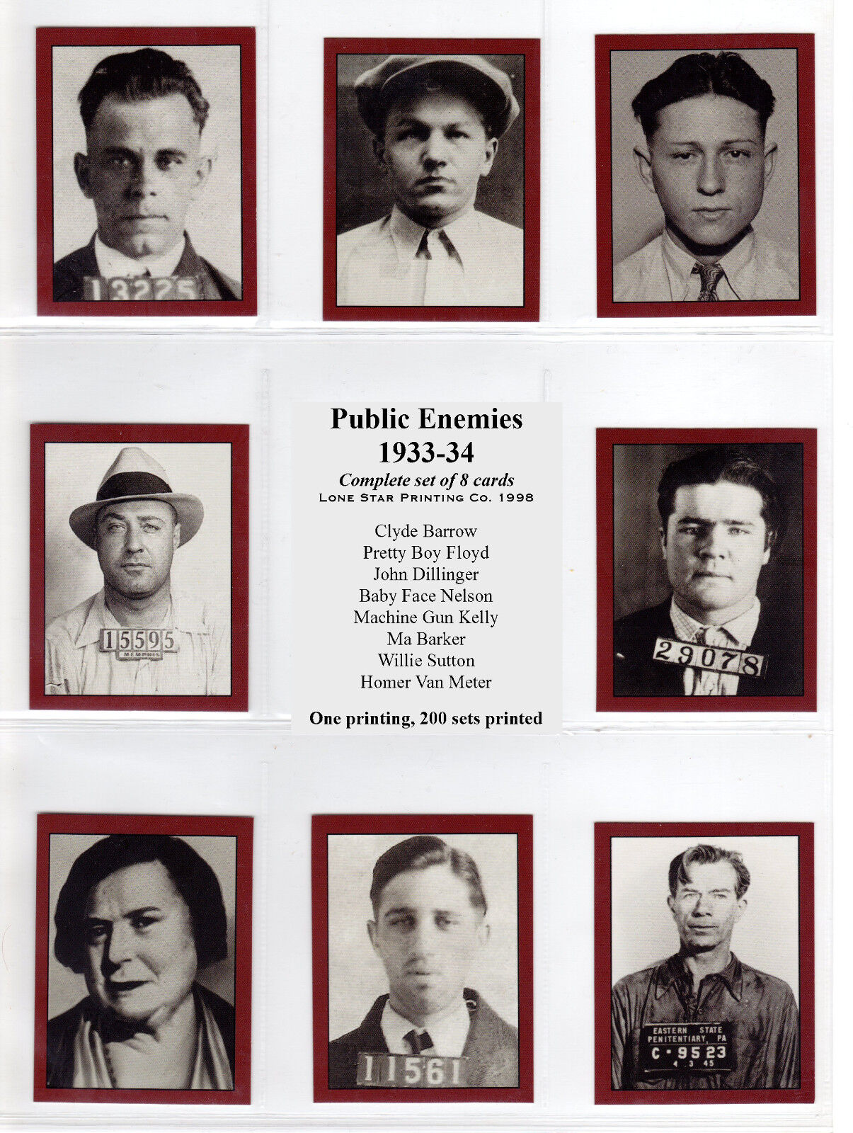 Set of 8 Public Enemy cards '33-34 John Dillinger Clyde Barrow Ma Barker / NM+
