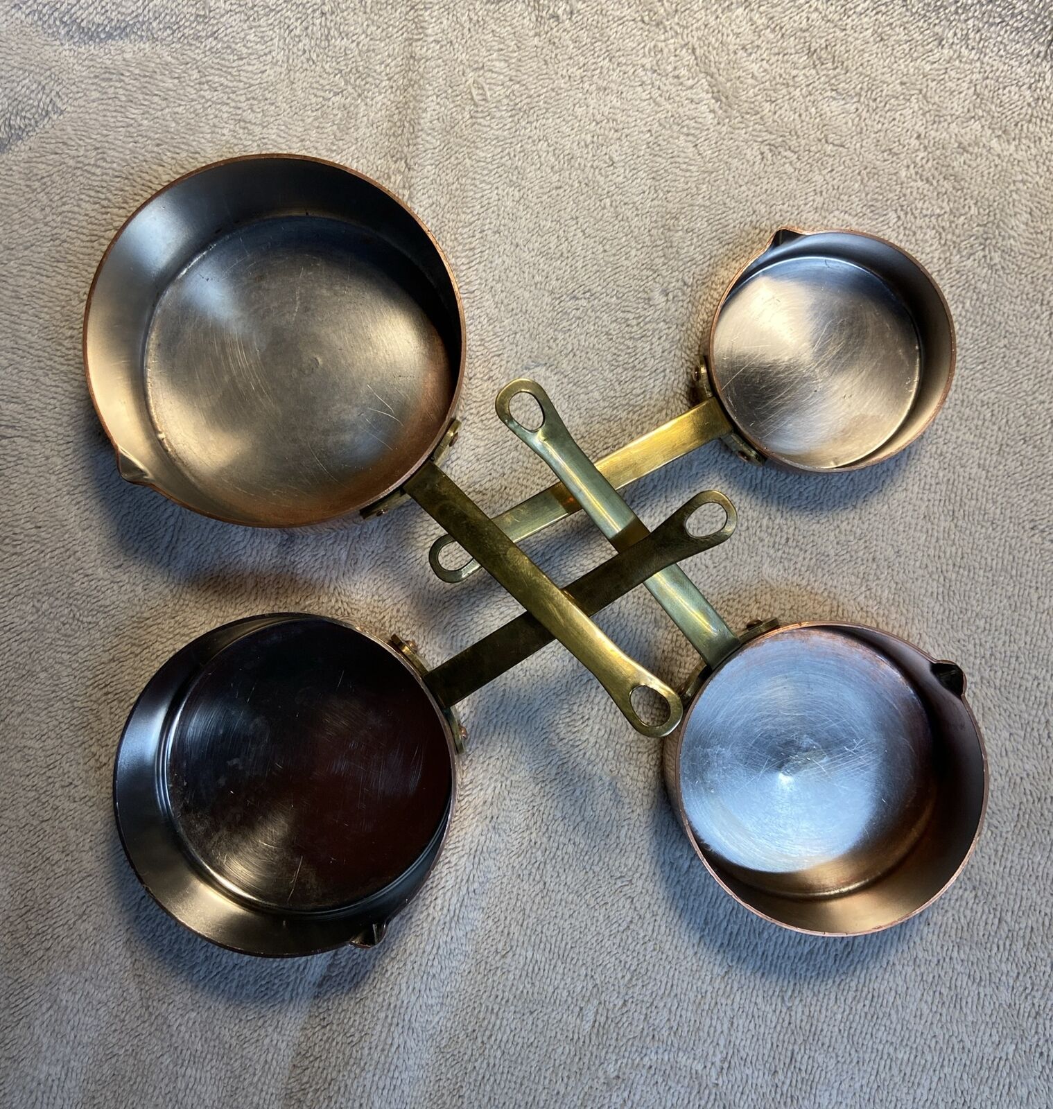 Vintage Heavy Copper & Brass Measuring Cups w/ Spouts 1/4, 1/2, 3/4, 1 Cup