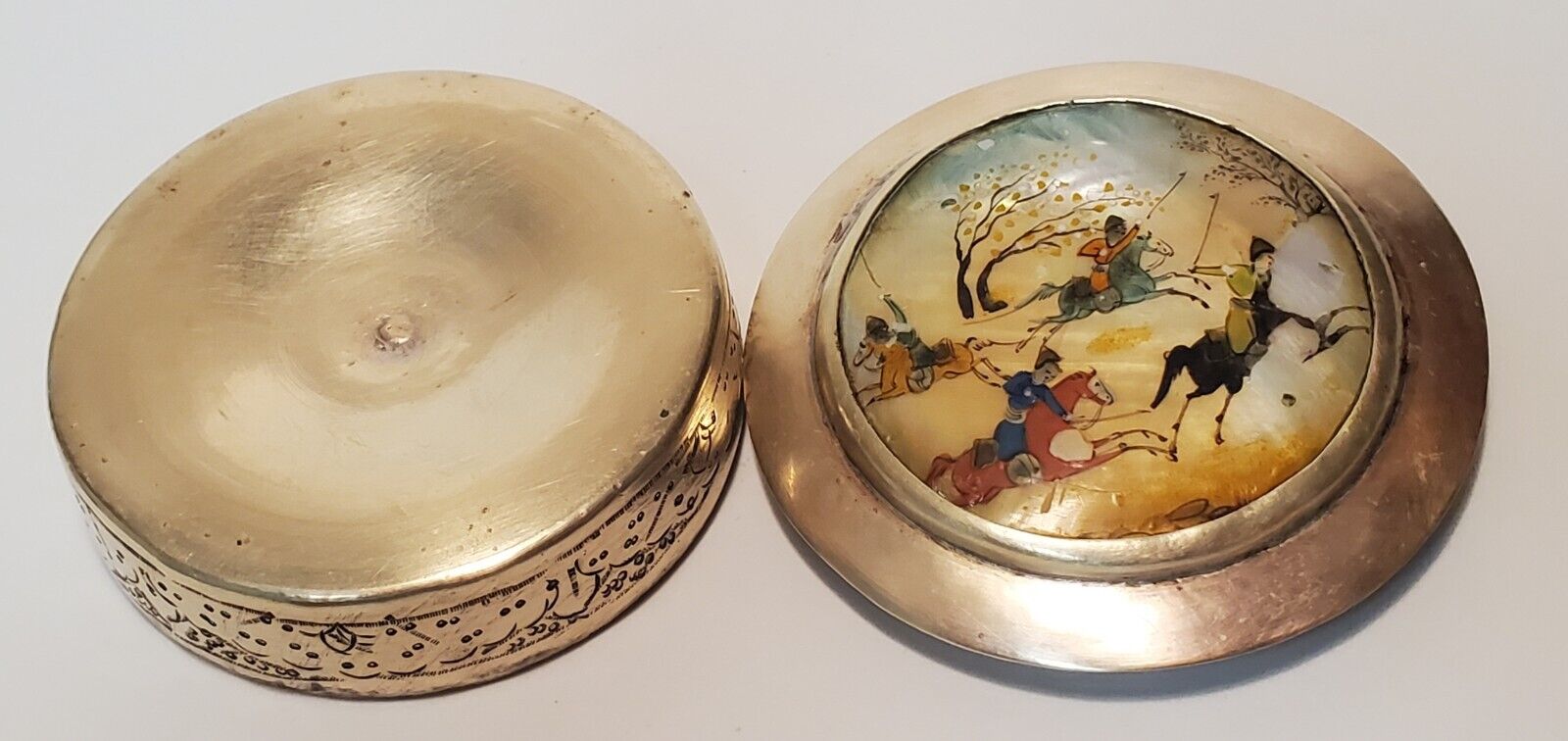 Antique Brass Persian Snuff Box or Pill Box. Lid is Hand Painted using the Pearl