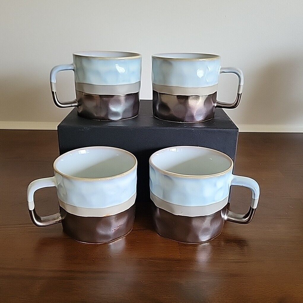 Roscher Mugs Stoneware Coffee Tea Blue Gray Iridescent Glaze Set of 4