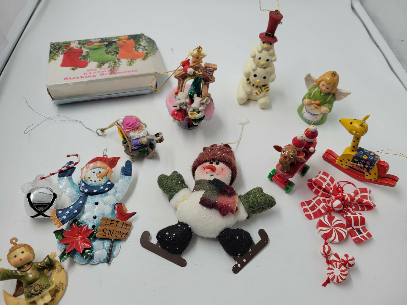 Mixed Lot of 14 Vintage Mixed Material Ornaments Reindeer Stocking Frosty Angel