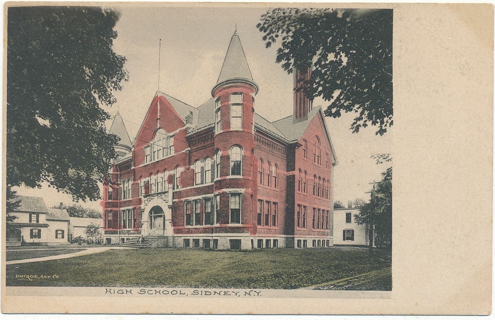 SIDNEY NY - High School - Hand Colored Postcard - udb (pre 1908)