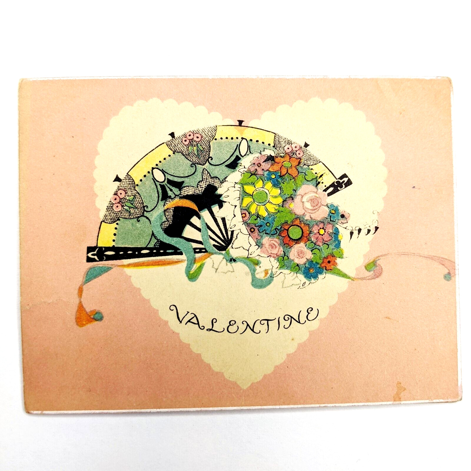 c1920s Colorful Lithograph Hand Fan Fold Valentine Card Artistic Paint Poem C51