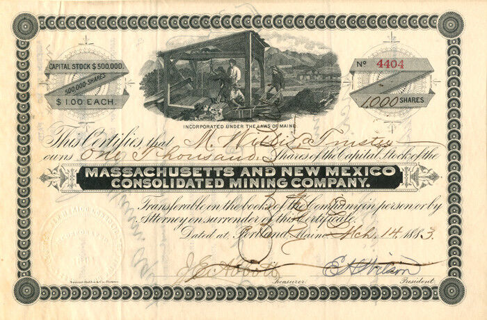 Massachusetts and New Mexico Consolidated Mining Co. - Stock Certificate - Minin