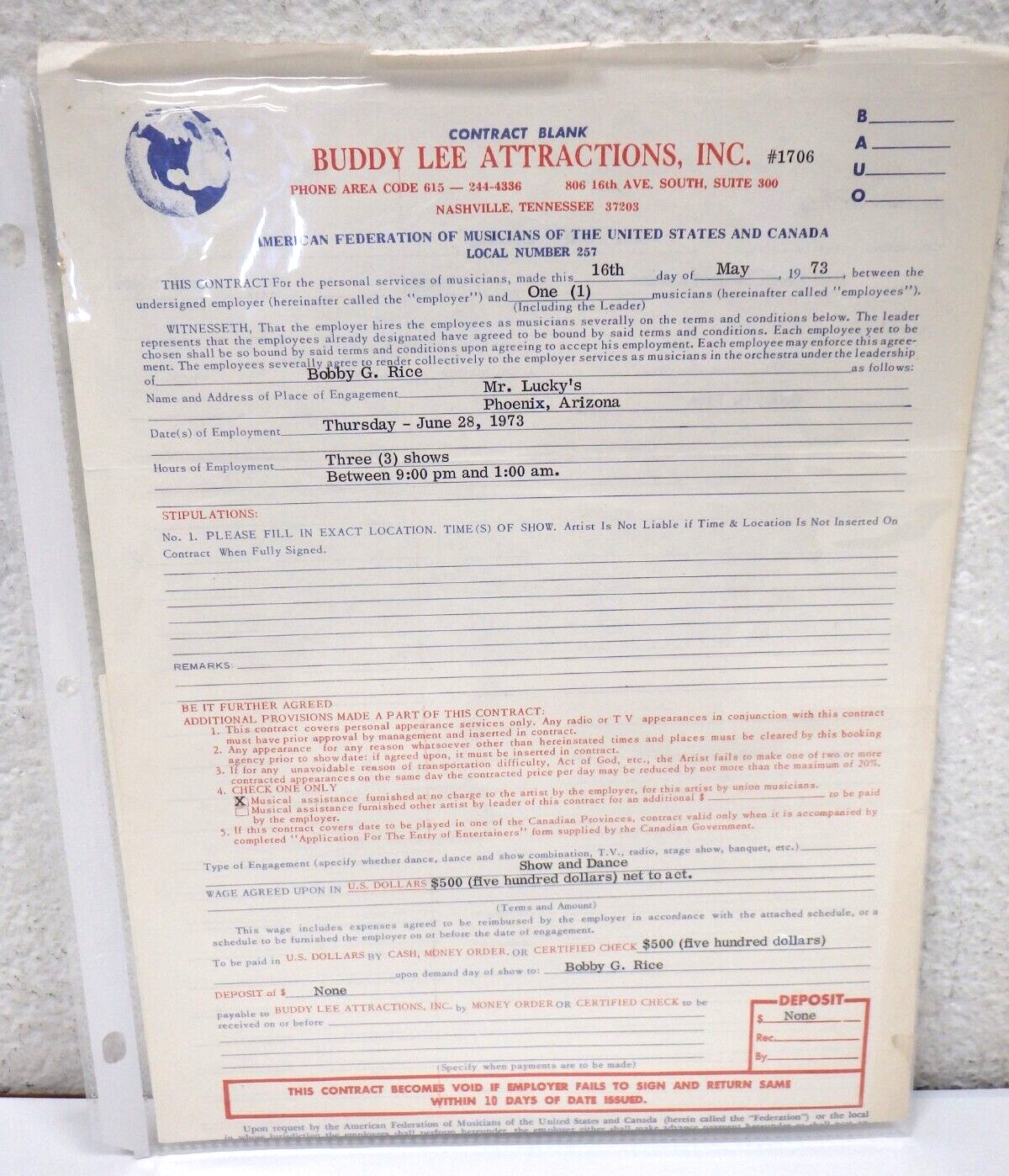Bobby G. Rice Signed Autograph Show Contract 1973 Phoenix AZ Mr Lucky\'s Country