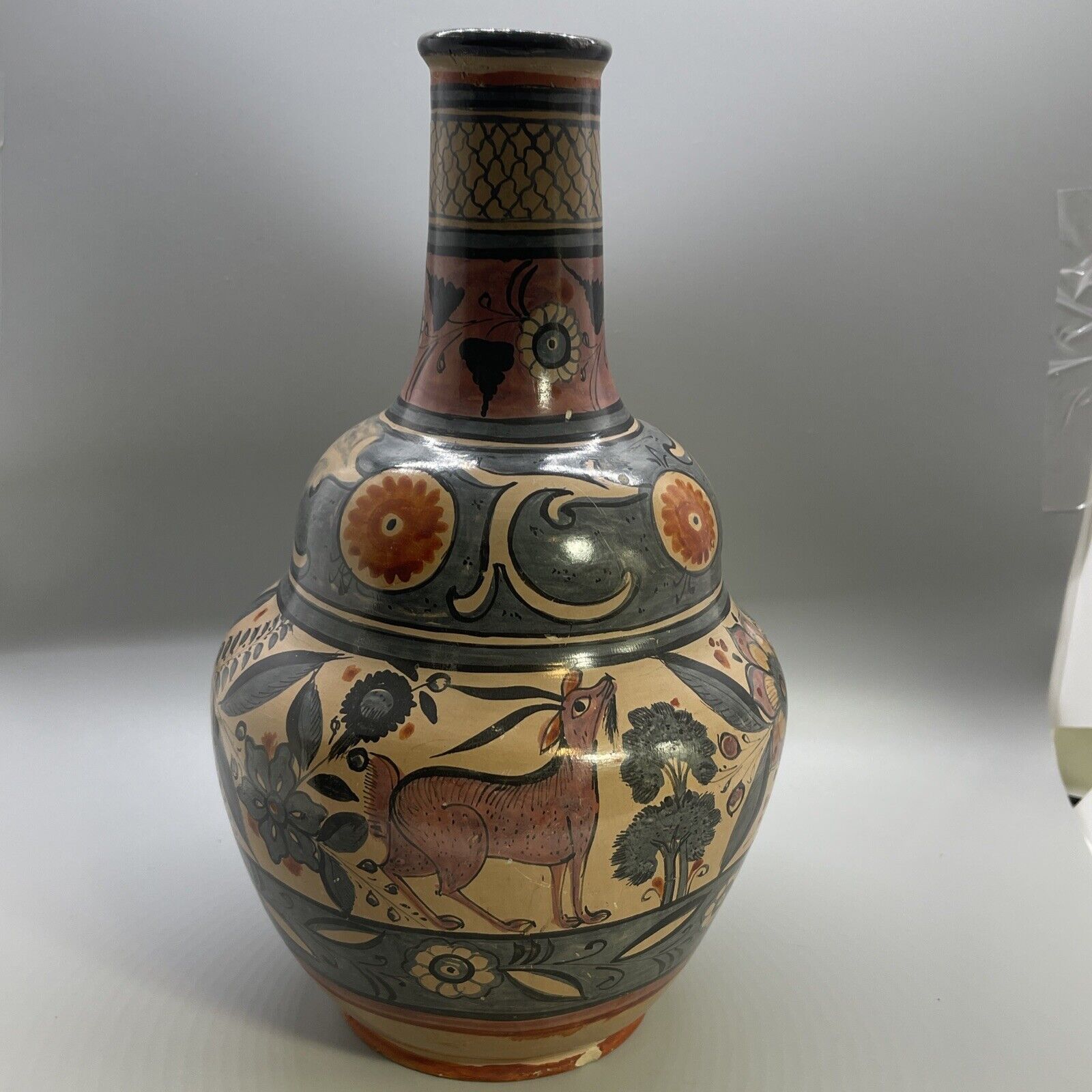 Mexican Tonala Hand Painted/signed, goat, dog FolkArt Pottery Vase vintage10.5”