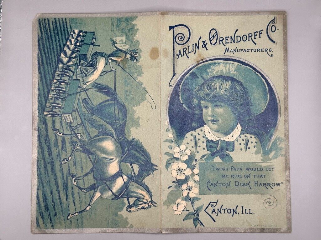 1880s PARLIN & ORENDORFF Canton IL FARM ADVERTISING Harrow Folding Trade Card