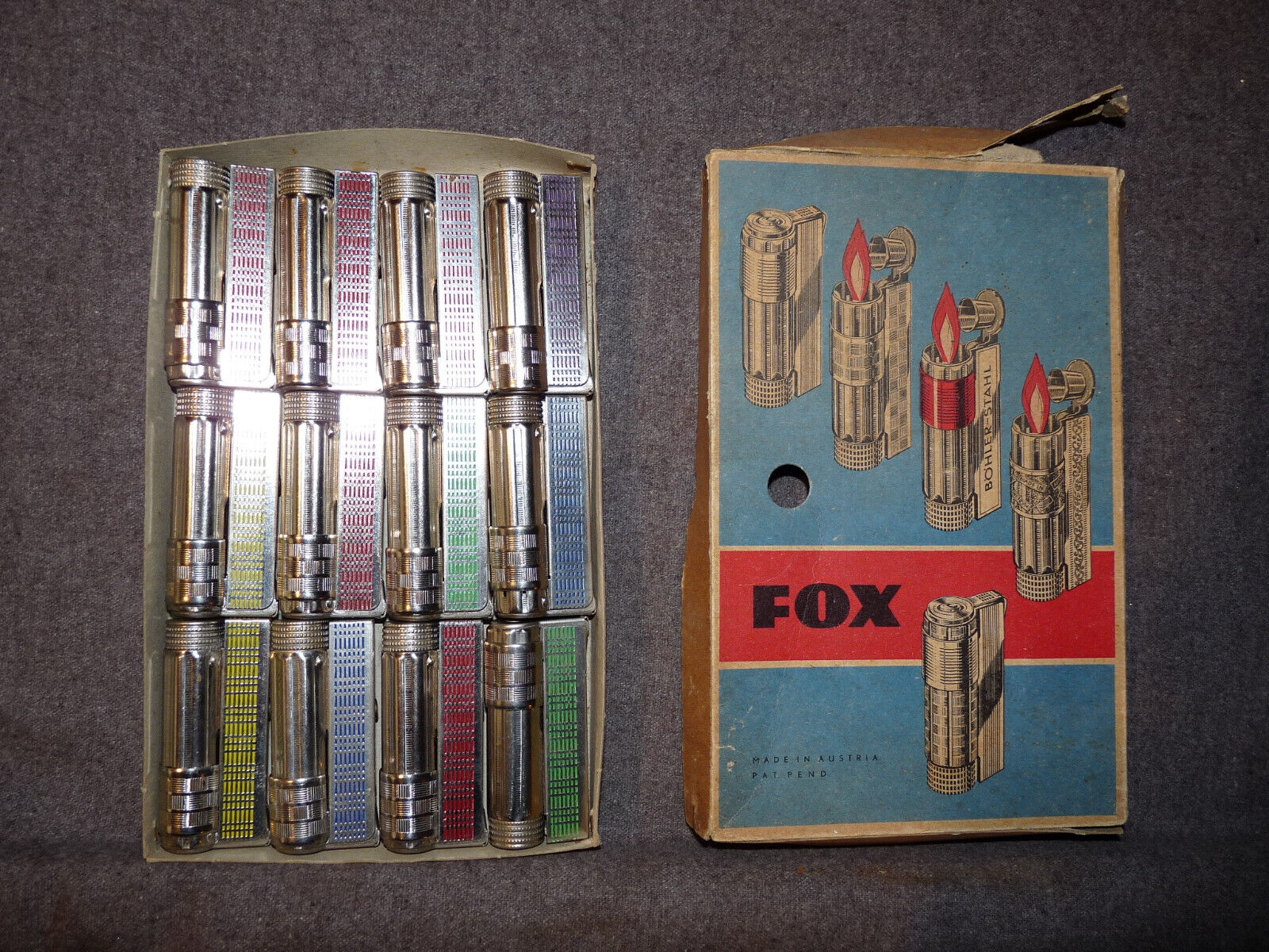 Unused Old Stock - Complete Box Of 12 FOX Made In Austria Lighters - Minty Clean