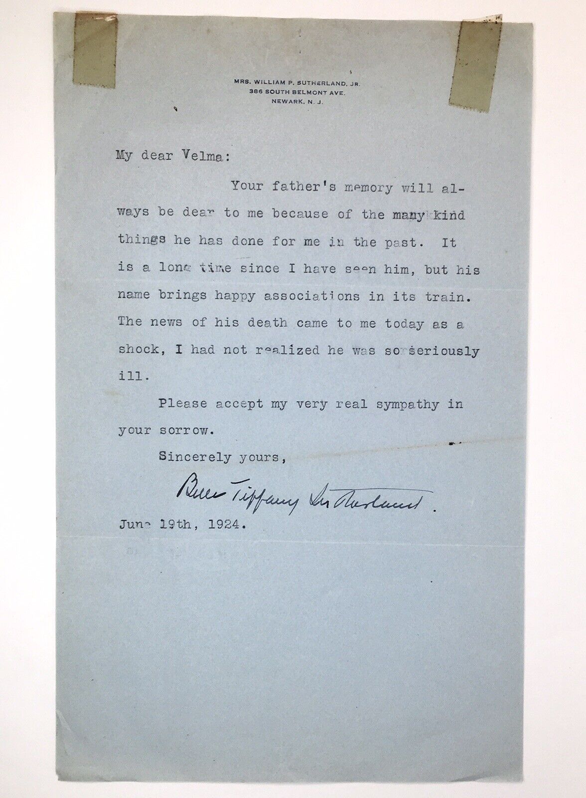 1924 Horace Swetland Condolence Letter to His Daughter Velma