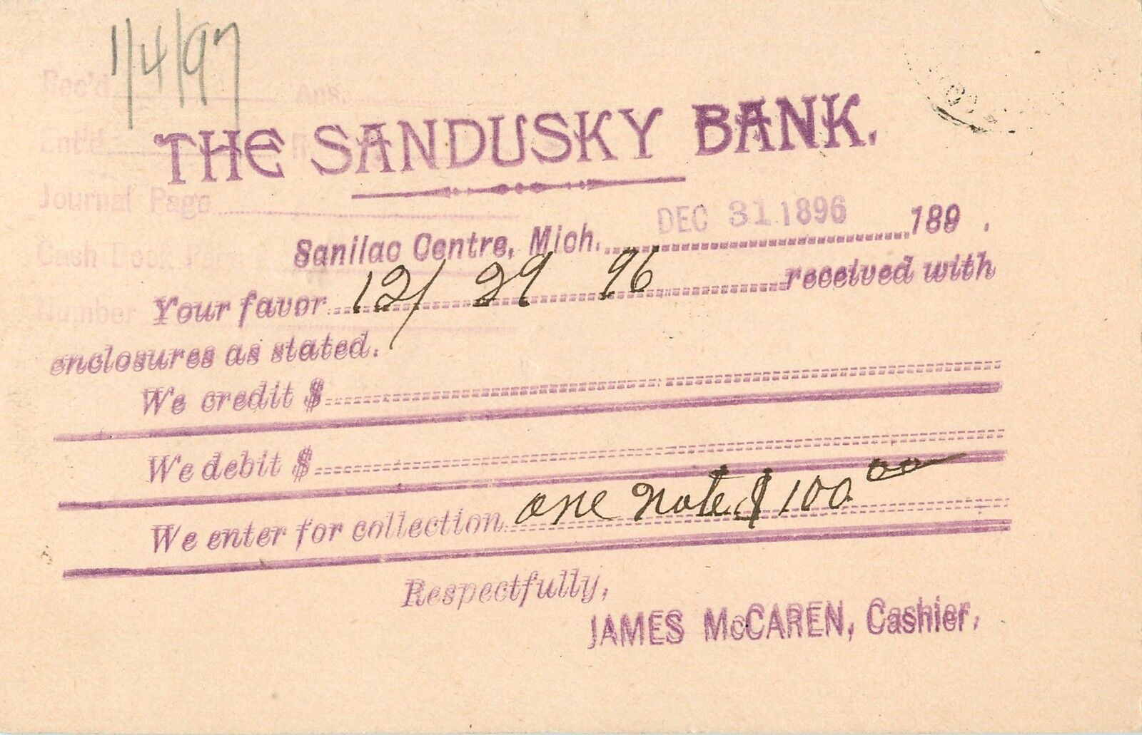 The Sandusky Bank, Sanilac Center MI 1896
