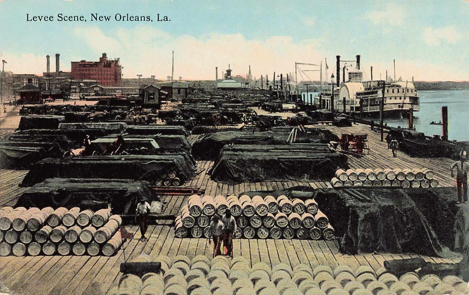 Postcard - New Orleans, Louisiana Levee Scene, Barrels & Cargo - C. 1910
