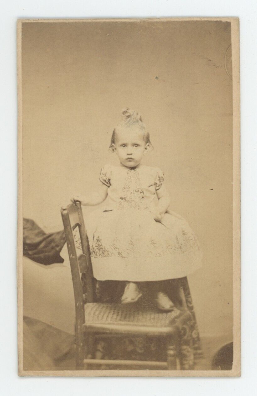 Antique CDV Circa 1870s Unique Image With Adorable Little Girl Sitting on Table