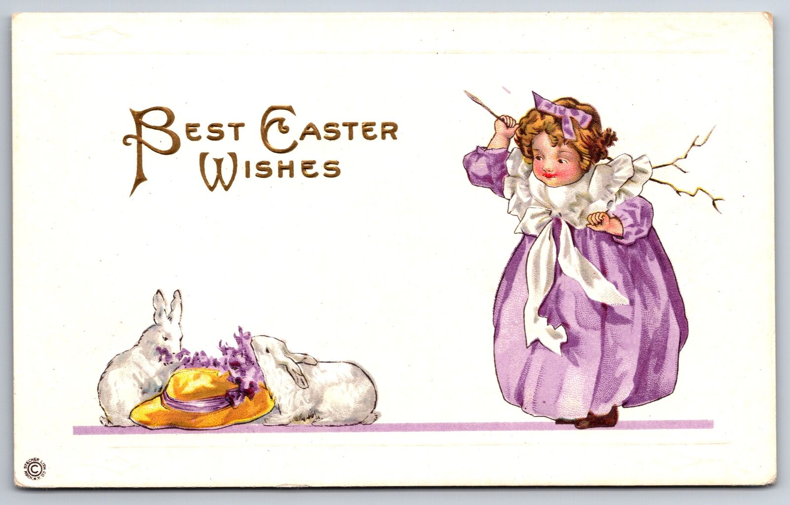 Easter~Dainty Girl in Lavender Ready to Whack White Rabbits Chewing on Hat~76 E