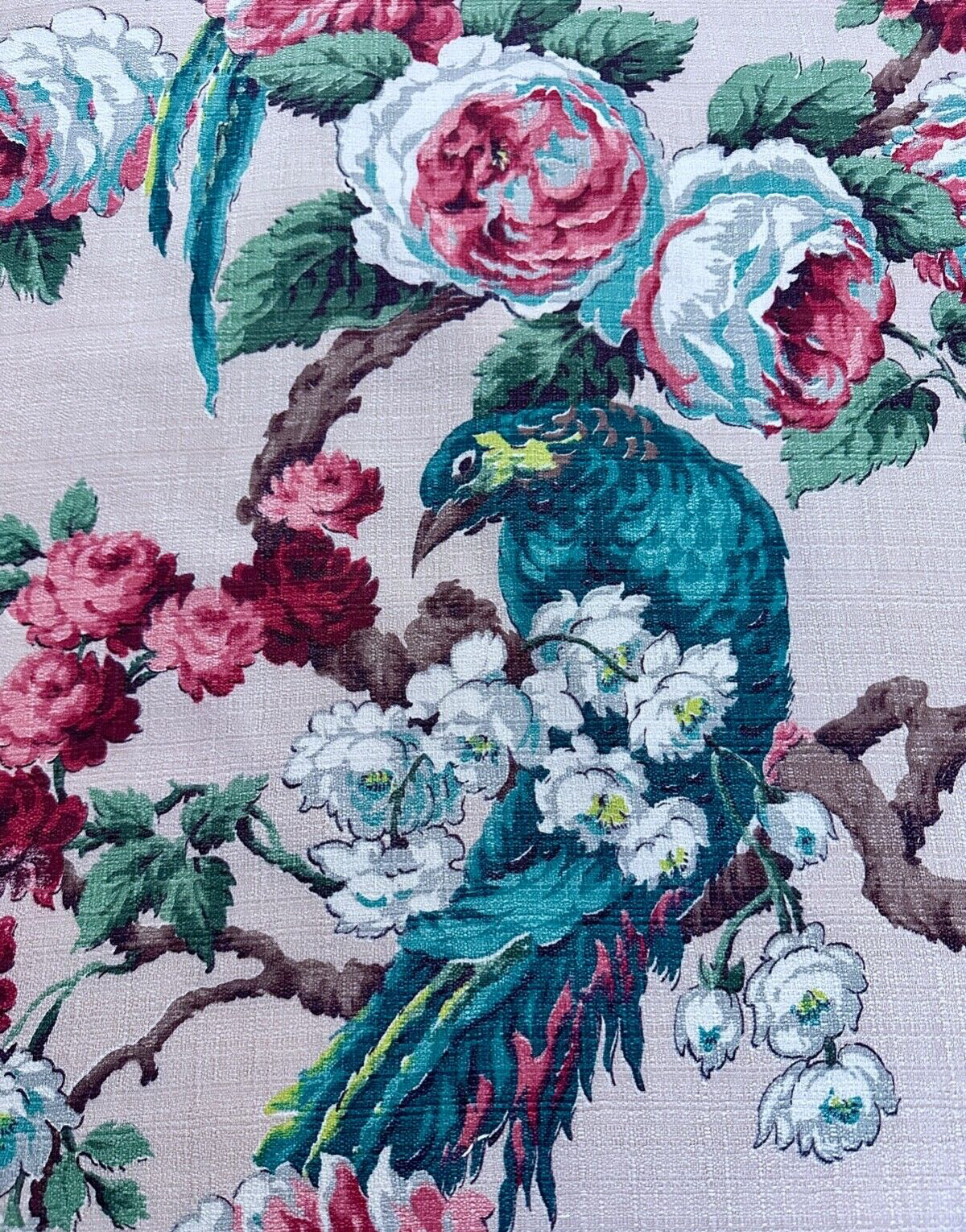 DECO 30\'s Sea Aqua Blues Midnight Raven & Cabbage Roses Barkcloth Vintage Fabric