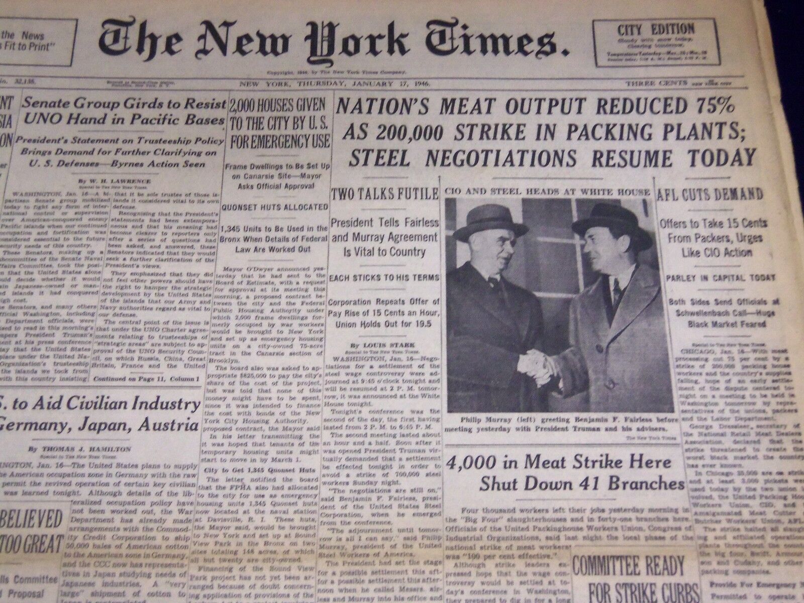 1946 JANUARY 17 NEW YORK TIMES - 200,000 STRIKE IN PACKING PLANTS - NT 3226