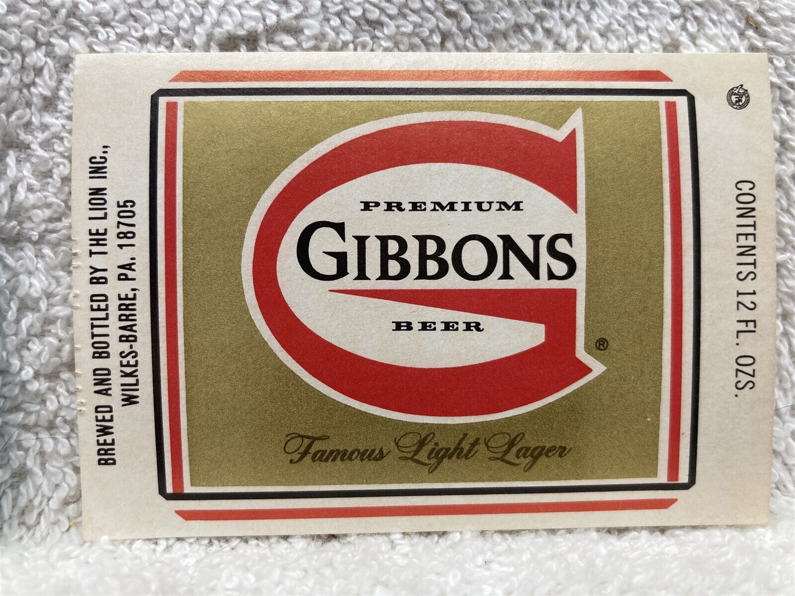 1960\'s 1970\'s Gibbons Beer Label Wilkes-Barre PA Vtg