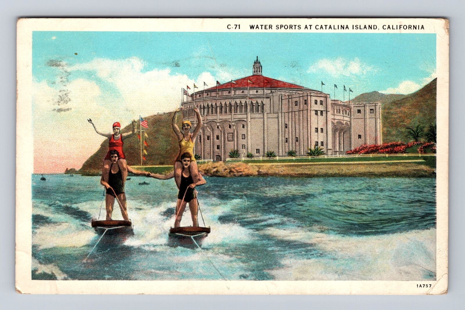 Catalina Island CA-California, Water Skiing, Pavilion, Vintage c1932 Postcard