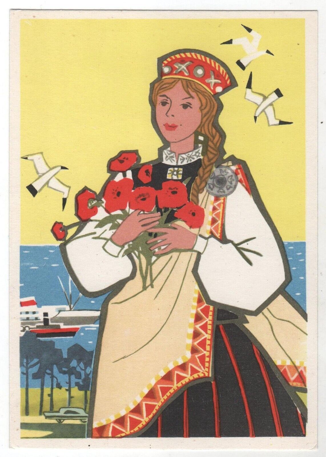 1966 Young Girl with poppies in national costume Estonia ART Russia postcard Old