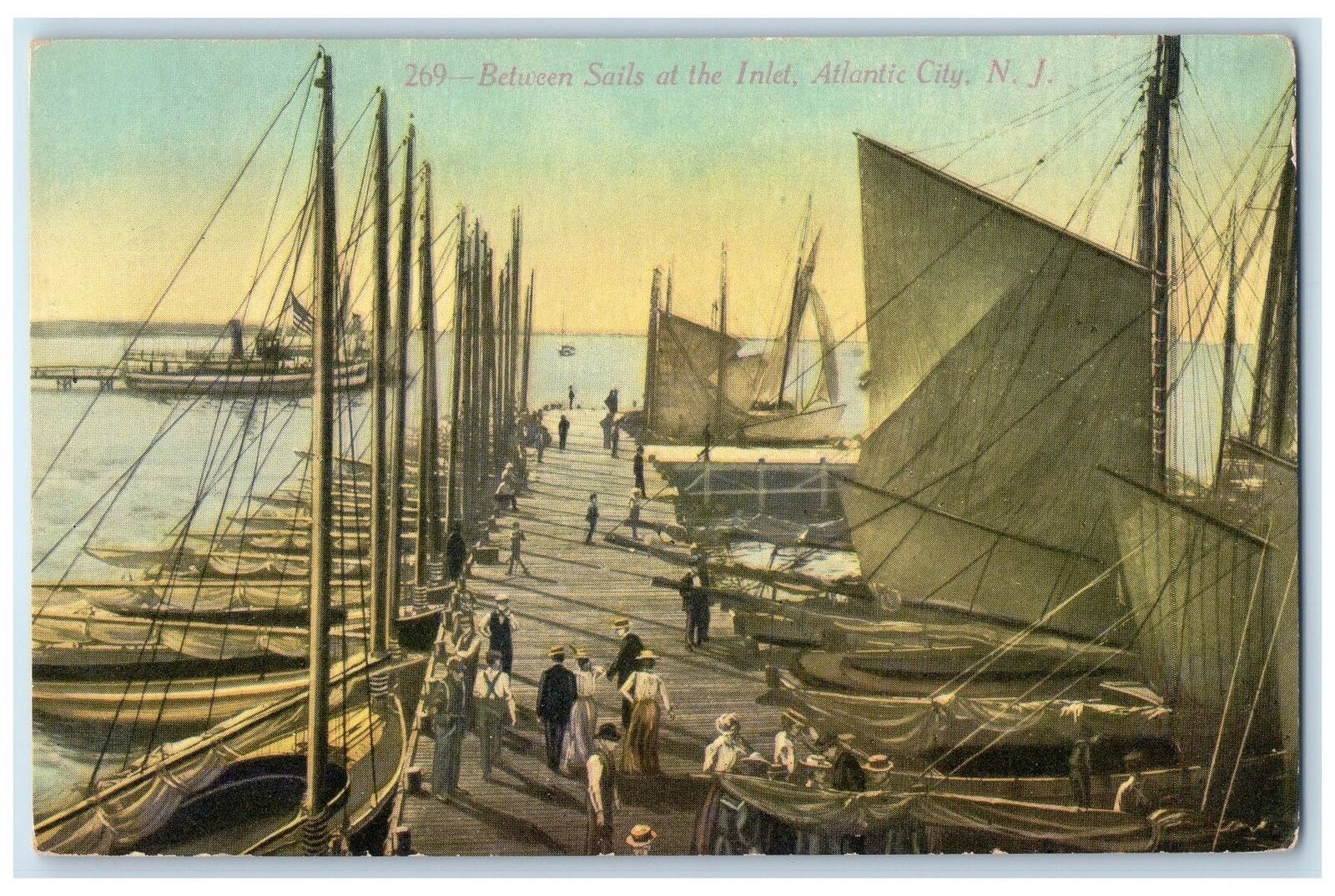 c1910\'s Between Sails At Inlet Wharf Sailboats Atlantic City New Jersey Postcard