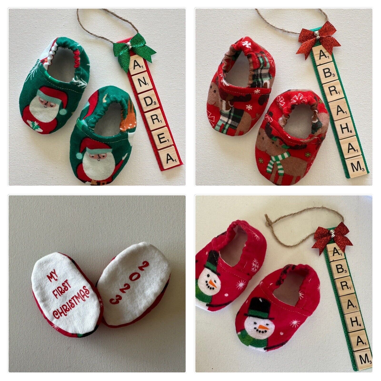 Baby's First Christmas shoes and a personalized Name SCRABBLE TILE ORNAMENT