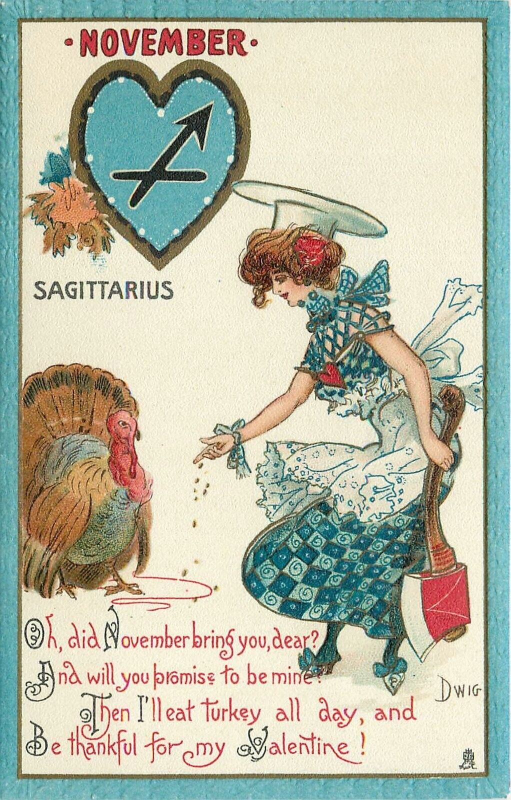 Postcard C-1910 Tuck Dwig Astrology November Sagittarius Fashion woman 24-5757