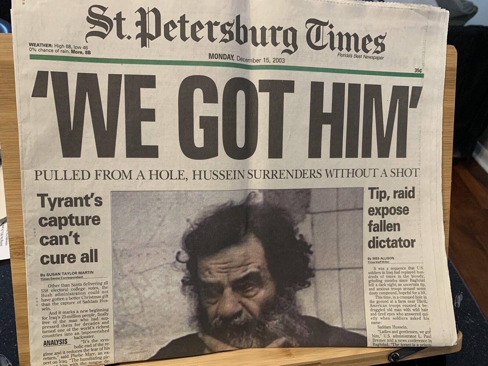 historic Vintage Saddam Hussein Captured/Caught Newspaper - December 15 2003