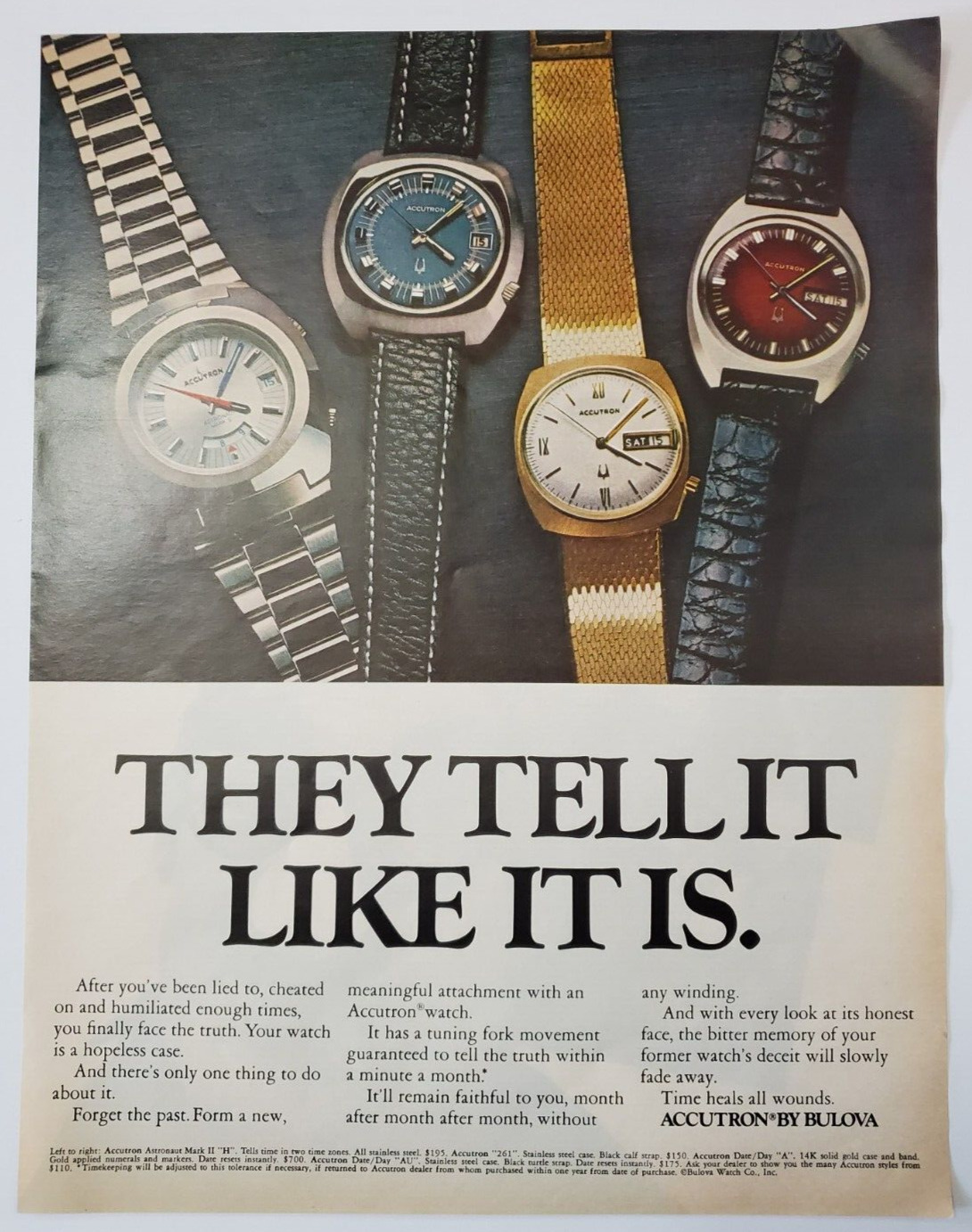 1972 Accutron By Bulova Vintage Print Ad They Tell It Like It Is Men\'s Watches