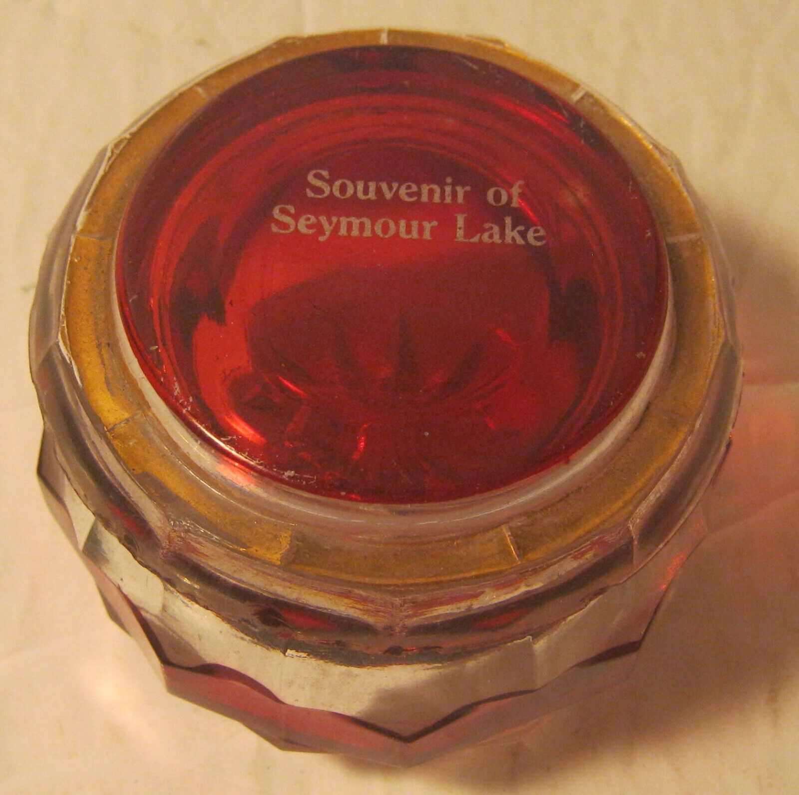 Antique SOUVENIR of SEYMOUR LAKE Trinket Jar RUBY & Clear Glass Chipped Rim