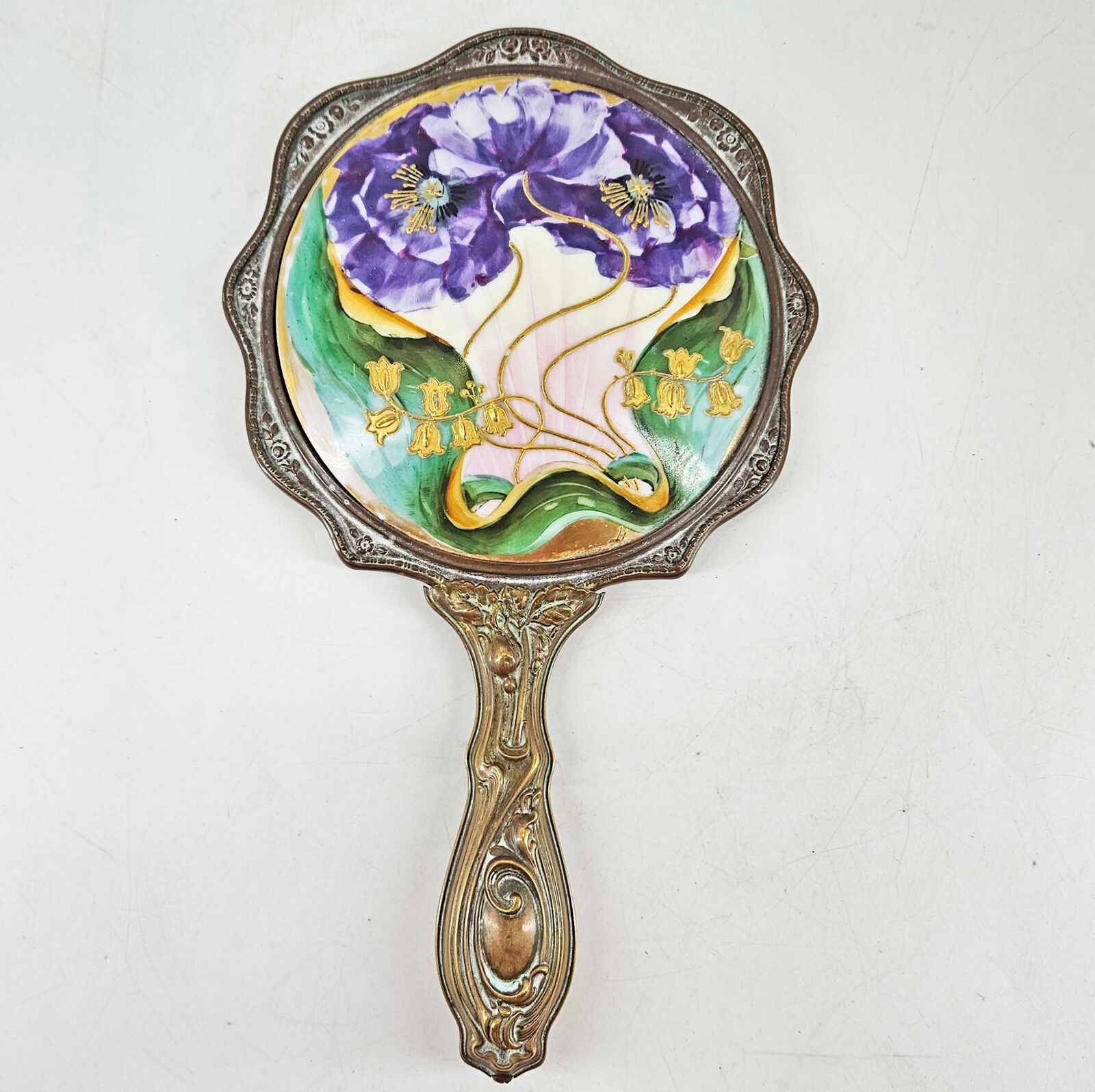 Antique Vintage ART NOUVEAU repousse hand painted porcelain hand mirror