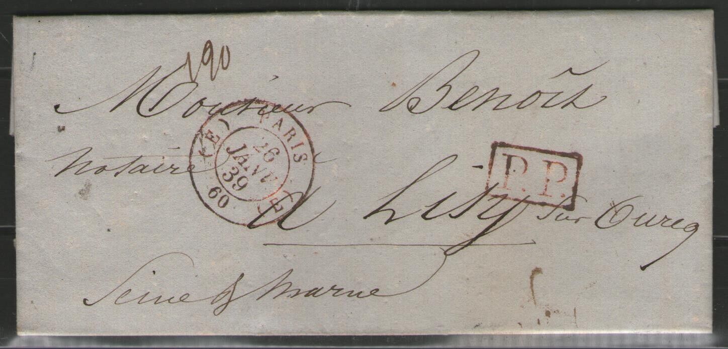 FRANCE: PARIS(E) in red on letter in PP (1839)