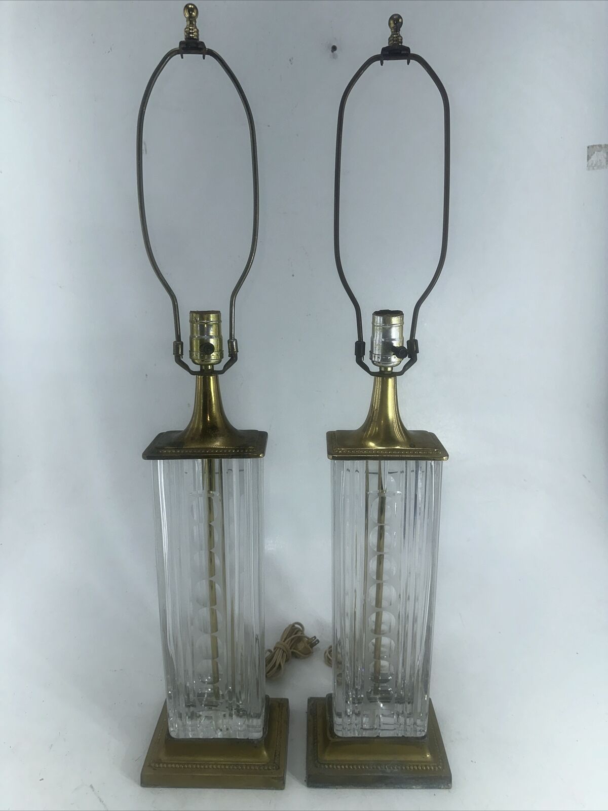 Vintage Signed MCM Dresden Crystal & Brass Table Lamp Set