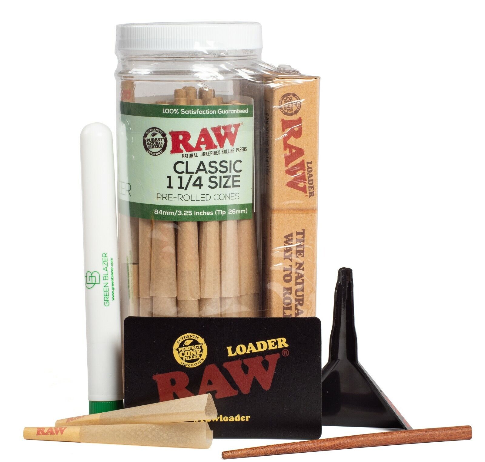 RAW Cones Classic 1 1/4 Size: 100 Pack + Cone Loader Kit