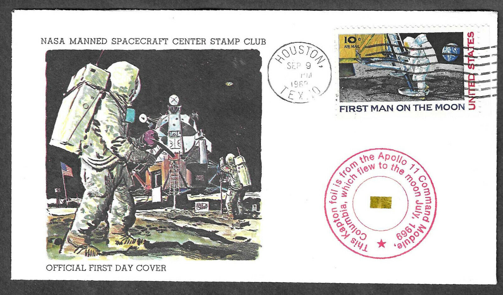 Apollo 11 - Official 1st Day Cover With Gold Kapton Foil FLOWN To The Moon - Red