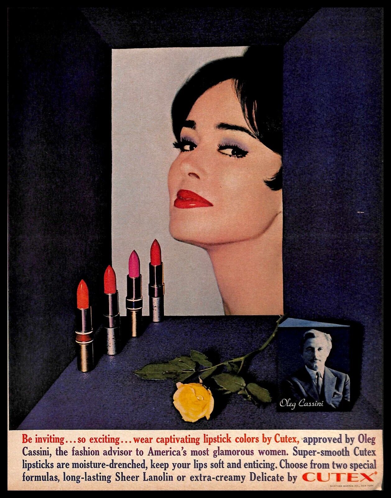 1962 Cutex Lipstick Colors Vintage PRINT AD Oleg Cassini Fashion Makeup