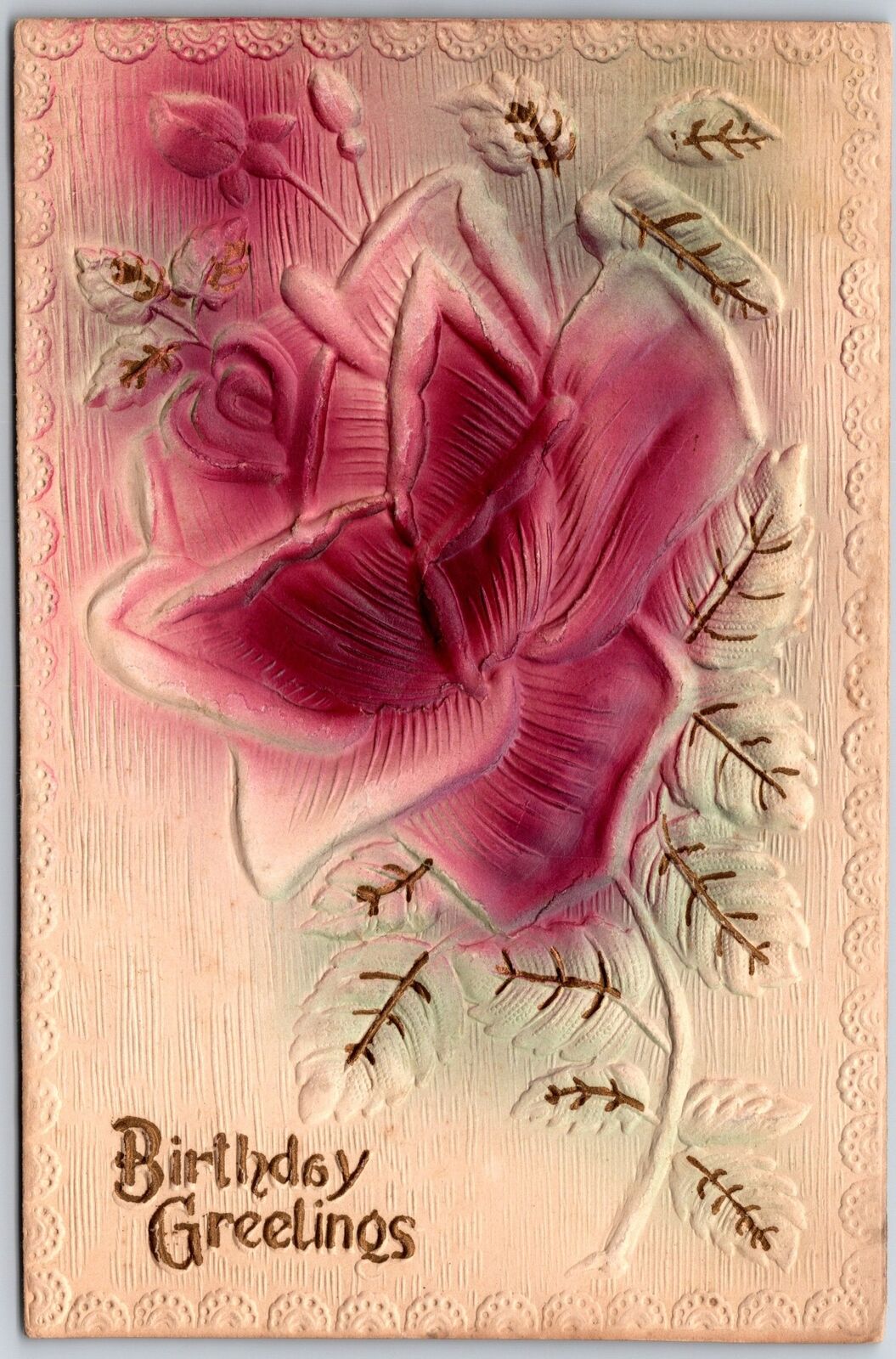 1909 Birthday Greetings & Wishes, Embossed Blooming Pink Rose Flower, Postcard