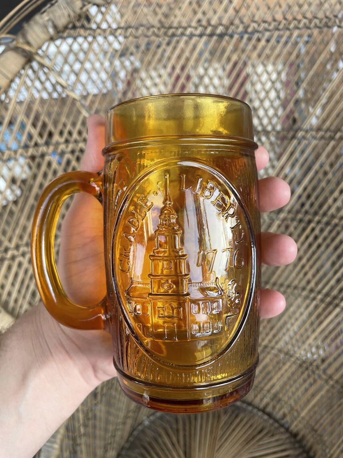 Vintage Embossed Liberty Bell 1776 Amber Beer Glass / Stein