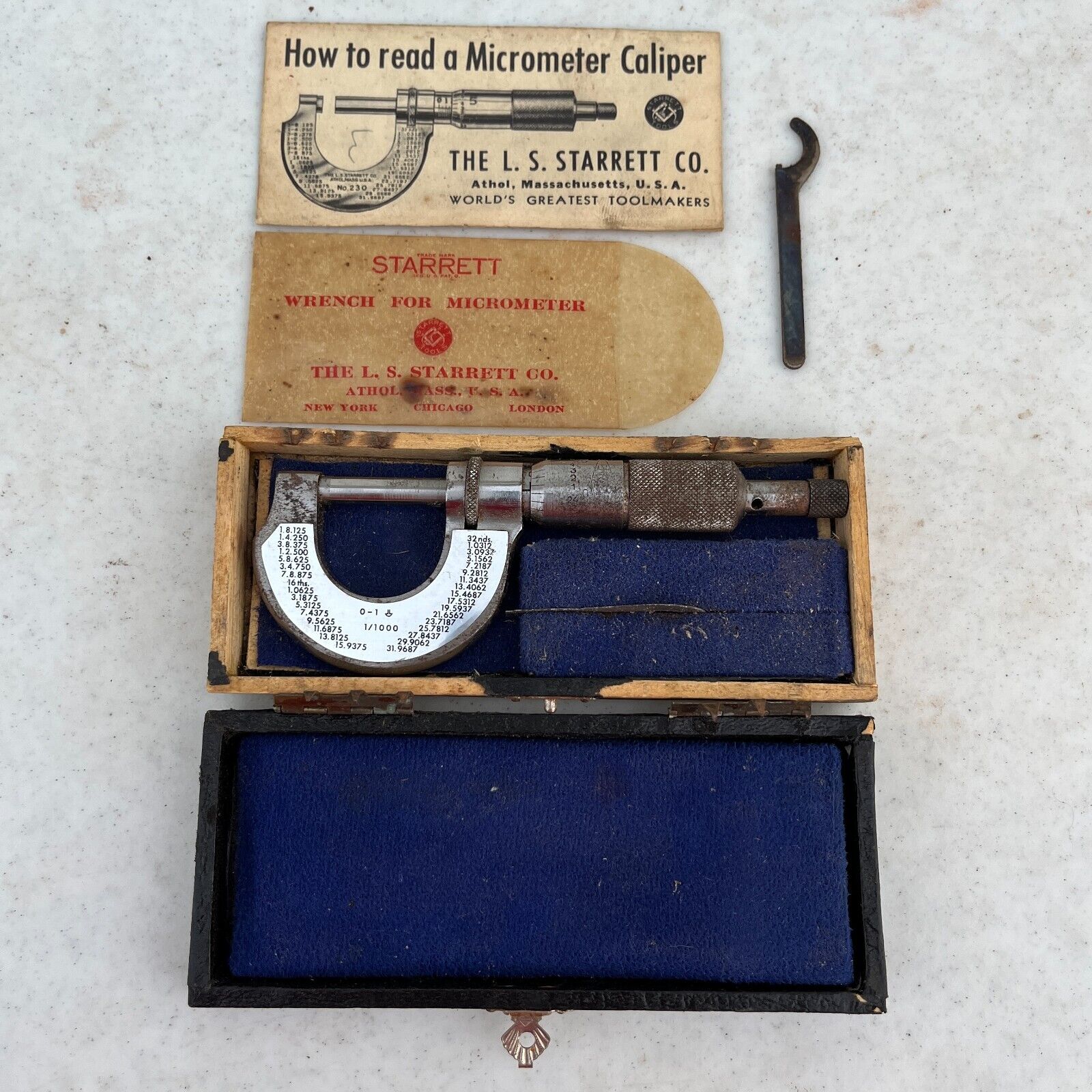 Vintage Starrett No. 203 Micrometer 1 Inch W/ Original Box, Wrench & Paperwork