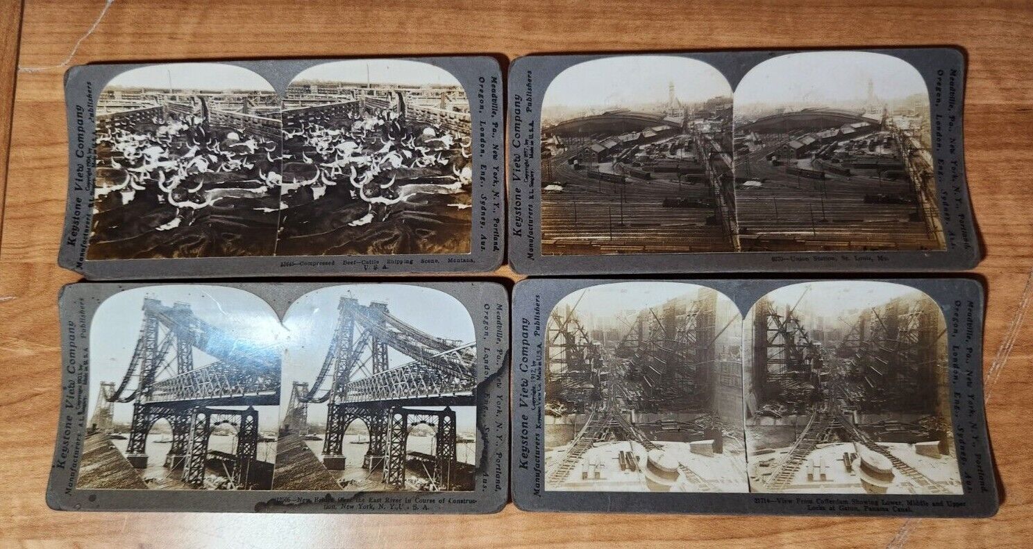 Vintage Stereograph Cards (4) Various, Panama Canal, Railway, Bridge, Cattle 
