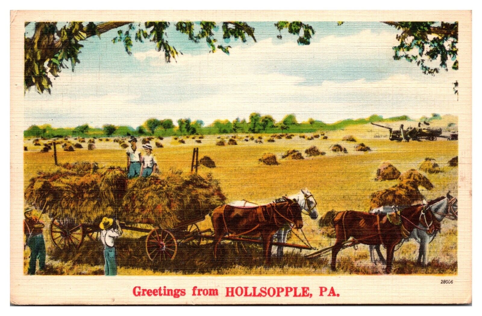 Vintage Greetings from Hollsopple, PA, Horses Pulling Hay Wagon Postcard