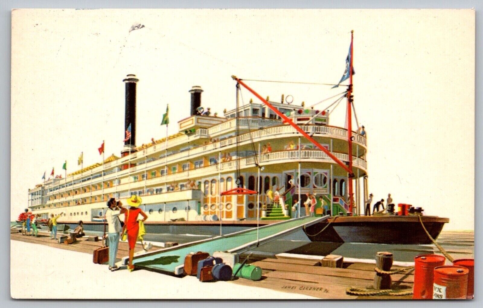 Mississippi Queen Paddlewheel Steamboat Cruise Ship American Flag UNP Postcard