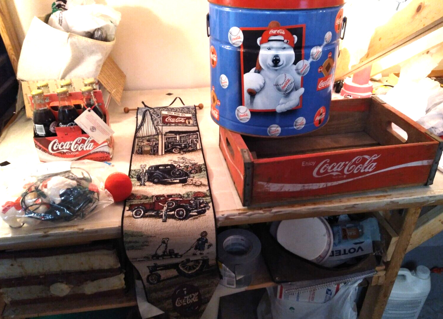 Huge Lot of Vintage Coca Cola Memorabilia,6 PK,COKE BEAR TIN,WOOD COKA COLA BOX
